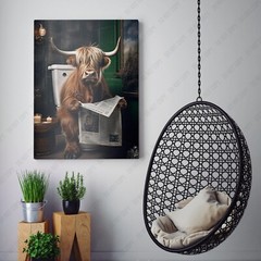 Highland Cow Reading Newspaper On Toilet Funny Bathroom Canvas Wall Art Print