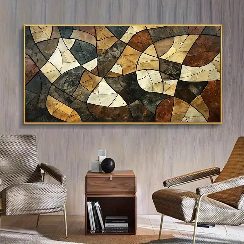 Brown Golden Black White & Beige Print Unframed Canvas Painting for Living