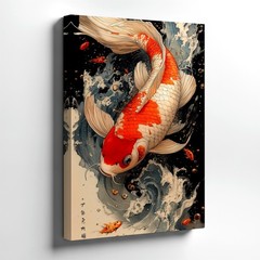Wall Art Japanese Koi Fish Canvas Print Orange White Carp Ocean Wave Home Decor