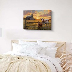 Rustic Farm Landscape Wall Art, Barn Cows Sunset Scene Canvas Print, Vintage …