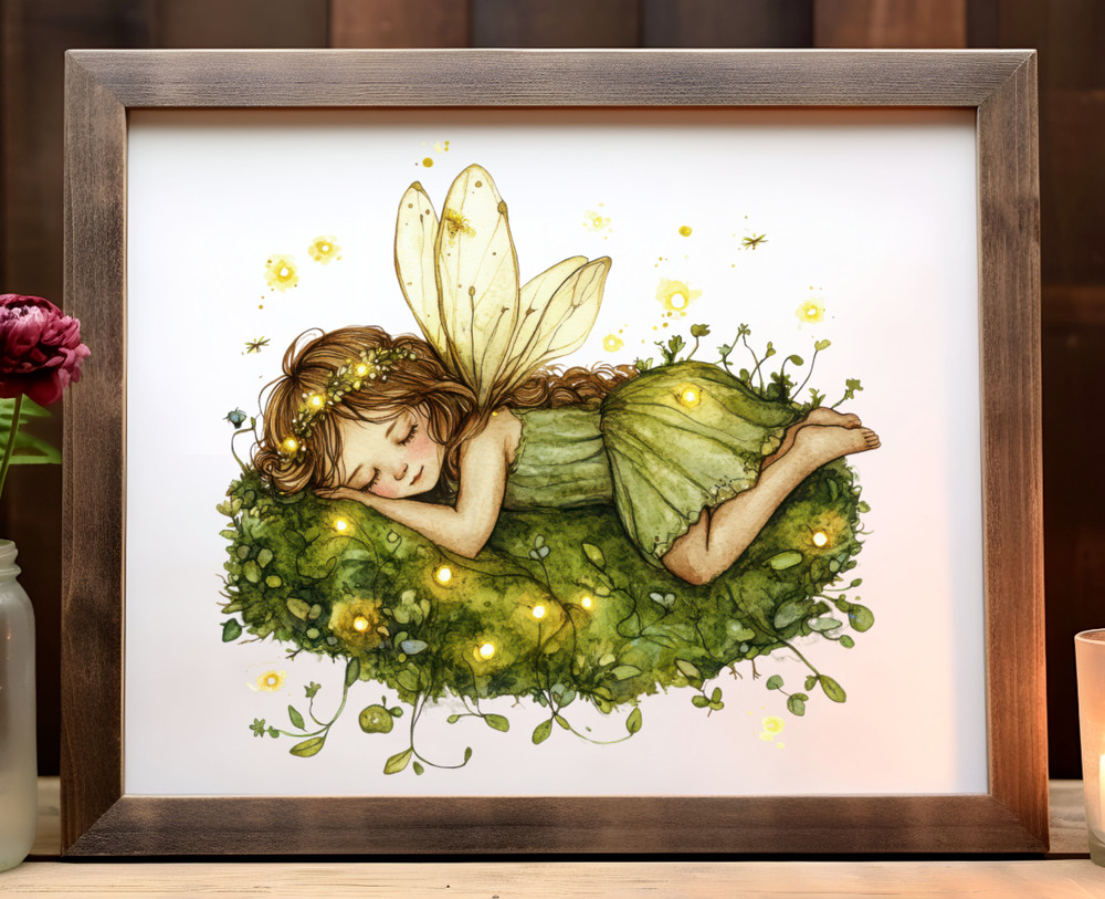 Fairy Wall Art Print, Sleeping Fairy and Fireflies Art Decor, Fantasy Art #514