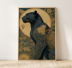 Art Nouveau Black Panther Wall Art Gold Floral Botanical Wildlife Poster