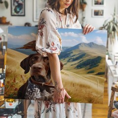 Dog with bird on head wildlife nature canvas wall art mountain landscape decor