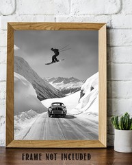 Skier Jumping Over Vintage Porsche Poster 11×14 Unframed Black & White Wall Art