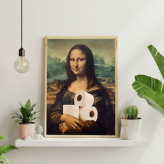 Framed Funny Mona Lisa Toilet Paper Canvas Print Humorous Bathroom Wall Decor