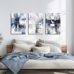 Abstract Blue White Framed Canvas Wall Art Set of 3 Navy Gray Modern 12×16″