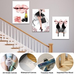 3Pcs Framed Fashion Women Canvas Wall Art, Pink Girly Wood Wall Decor, Femini…