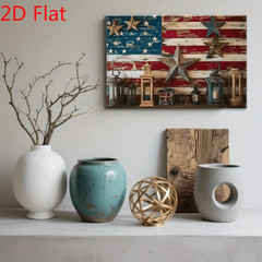 Vintage Flag Metal Stars Lanterns Canvas Wall Art, Rustic Patriotic Decor