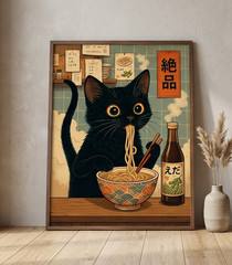 Japanese Black Cat Ramen Wall Art Retro Ukiyo-e Cute Kitten Noodle Poster