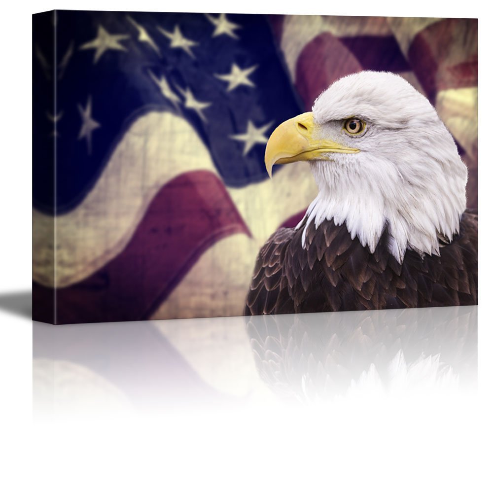 Canvas Prints- Bald Eagle with the American Flag |Patriotic Theme- 24″ x 36″