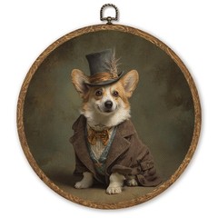Vintage Dog Round Wall Art,Victorian Corgi Portrait Canvas Prints with Circul…