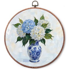 Chinoiserie Spring Floral Framed Round Wall Art,Blue and White Hydrangea Flow…