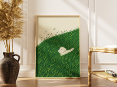 White Dog Grass Poster, Cute Puppy Wall Art Pet Lover Home Decor Gift Print Room