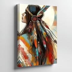Native American Woman Feather Headdress Colorful Abstract Canvas Wall Art Print