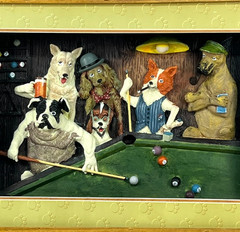 Vintage Dogs Playing Pool Billiards 3D Diorama ~ Wood Frame 18 x 13 ~ Very Good