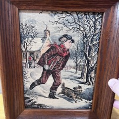 Vtg Kay Dee Handprints Framed Linen Art Pair Winter Boy Girl Americana Decor
