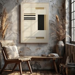 Minimalist Abstract Canvashorizontal Black Lines And Square On Beige Wall Art