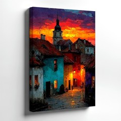 Wall Art Colorful European Village Street Sunset Painting Canvas Print Decor