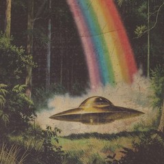 Vintage UFO RAINBOW Wall Art, Alien Pot of Gold Decor, Sci-fi Gay Pride Poster