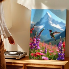 Wall Art Hummingbird in Wildflower Meadow Mountain Landscape Floral Print Decor