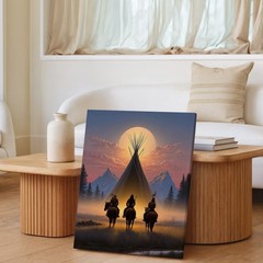 Native American Warrior Horses Canvas Wall Art Sunset Teepee Mountain Print
