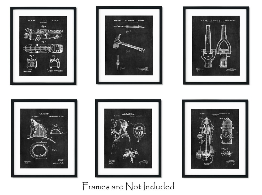Set of 6 Firefighter Patent Wall Art Prints 8×10 in. Gift Idea for Firemen Decor