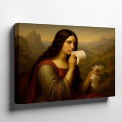 Classical Woman Holding Paper and Toilet Roll Scenic Landscape Canvas Wall Art