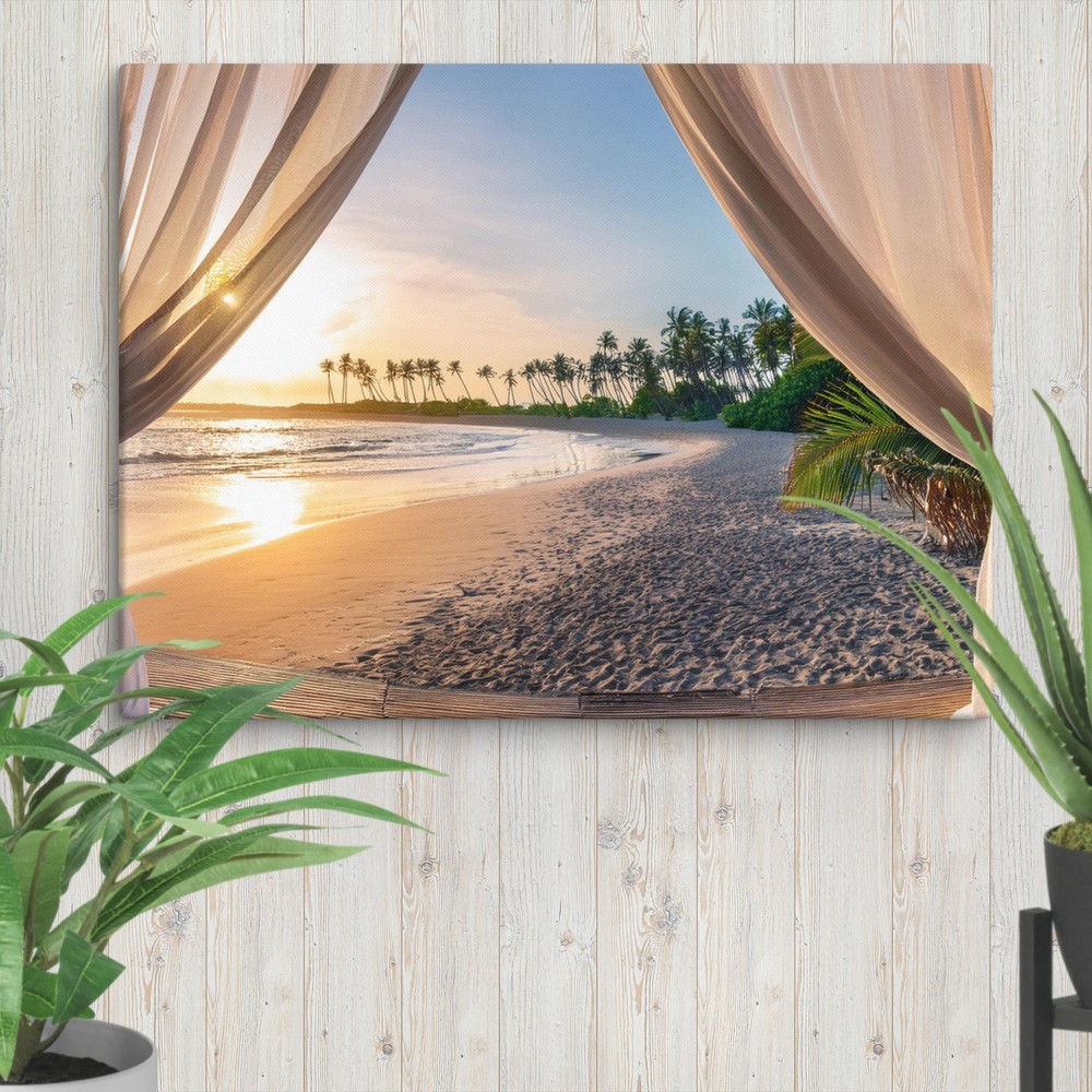 Coastal Living 18″x24″ Canvas Print Cabana Curtains Look out to the Beach