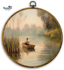 Vintage Fishing round Wall Art, Fisherman in Rowboat Sunset Landscape Framed Han