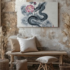 Wall Art Majestic Dragon Entwined Around A Blooming Lotus, Rendered In Fluid