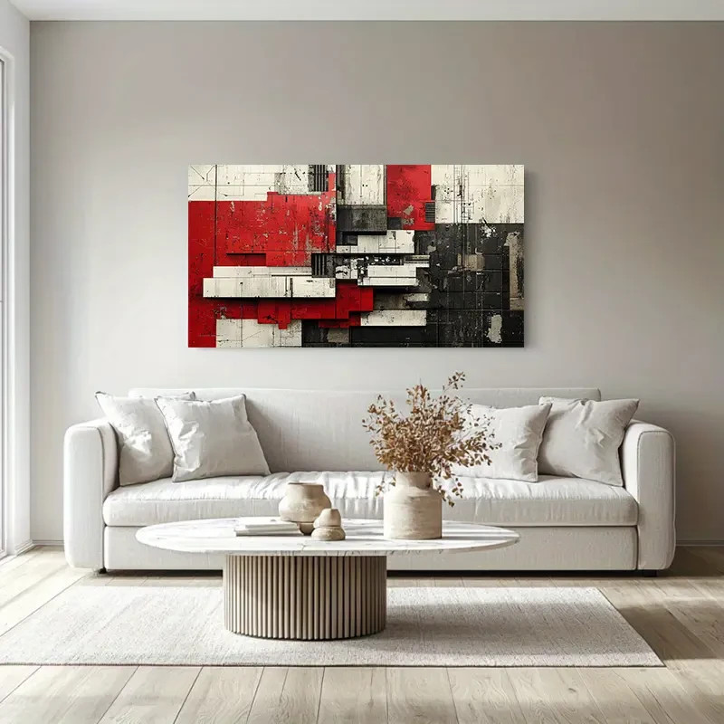 Bold Color Blocks in Red Black Wall Decor Unframed Canvas Painting for Living