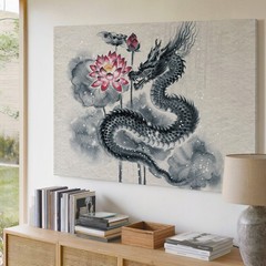 Wall Art Majestic Dragon Entwined Around A Blooming Lotus, Rendered In Fluid
