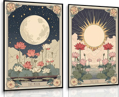 2Pcs Tarot Card Canvas Wall Art Moon Sun Flowers Mystical Astrology Posters Prin