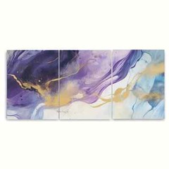 3pcs Vibrant Purple Golden & Blue Swirls Metal Print Ready to Hang Art