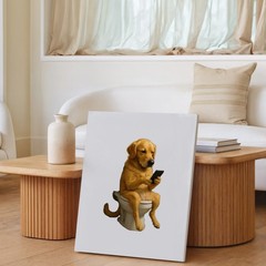 Funny Dog Sitting On Toilet Using Phone Canvas Wall Art Animal Humor Decor Print