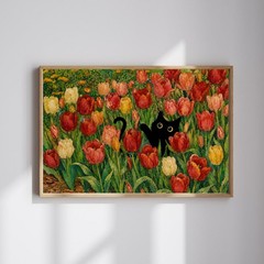 Black Cat Tulip Poster – Floral Garden Wall Art Home Decor Cat Lover Gift