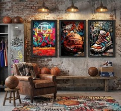 Framed 3pcs Basketball Graffiti Canvas Wall Art Basketball Court Sneakers Pic…