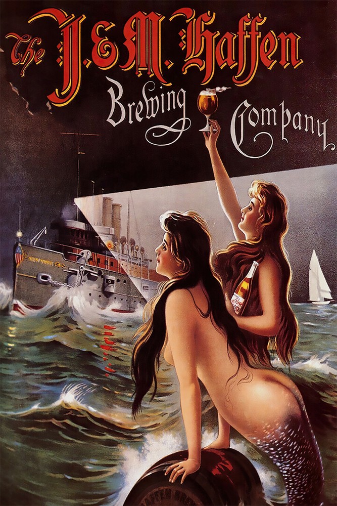 Mermaid Siren Ocean Ship Boat Brewery Glass of Beer Vintage Art – POSTER 20×30