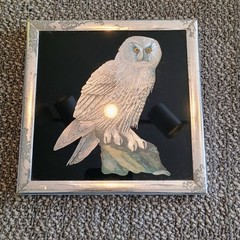 Vintage Snowy Owl Etched Foil Art Silver Tone Framed 6×6 Wall Decor