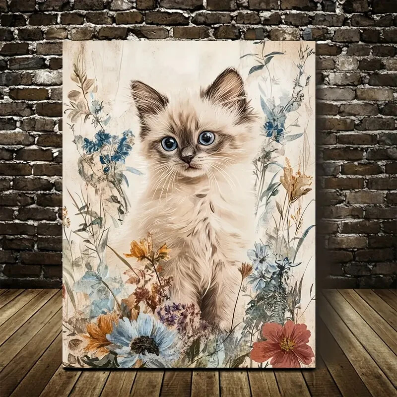 Cute Ragdoll Kitten with Flowers & Plants Painting Metal Print Ready to Hang