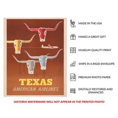 1953 Texas American Airlines Travel Poster Longhorn Cattle Mid-Century Aviation