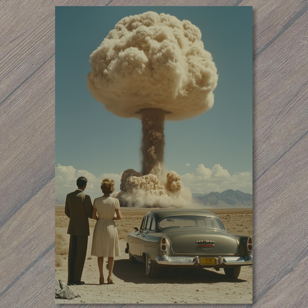 Art Print Desert Scene Car Atomic Nuclear Bomb Cloud Retro Style Couple Surreal