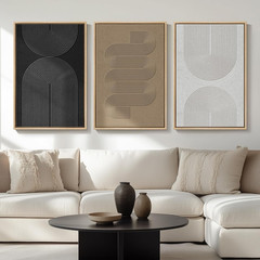 Large Boho Framed Wall Art 3 Piece Set Abstract Black White Geometric Canvas Rug
