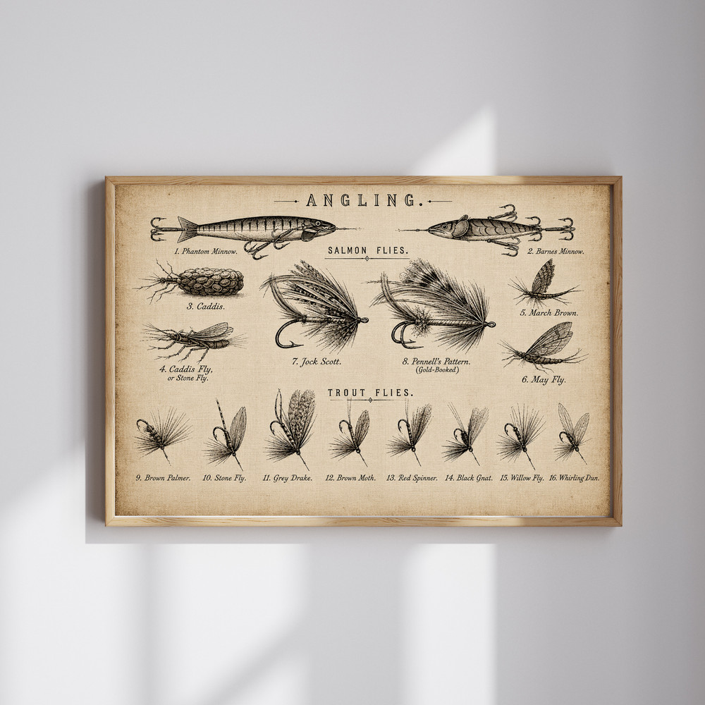Classic Angling Flies Poster – Vintage Salmon & Trout Lures, Fishing Room Decor