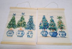 2pc Chinoiserie Christmas Tree Wall Art, 12×15.5 Inches, Built in Hanging Poster