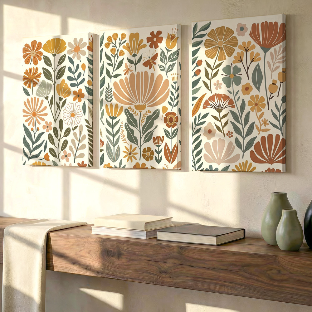 3 Pieces Floral Botanical Earth Tones Large Wall Art Set for Living Set Of 3