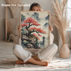 Cherry Blossom Bonsai Tree Poster, Asian Landscape Wall Art, Japanese Wall Decor