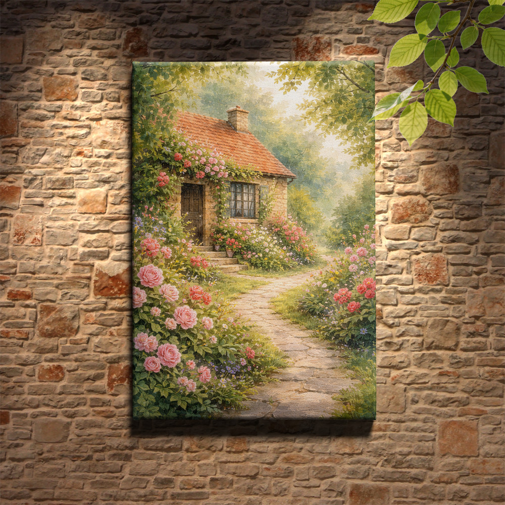 English Cottage Garden Stone Path Red Roof Framed Wall Art 12x18inch