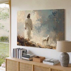 Good Shepherd Mist Canvas Jesus Walking With Lamb In Ethereal Landscape Wall Art