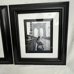 New York Paris Urban Landscapes Matted Prints With Benches And Black Frames Pair